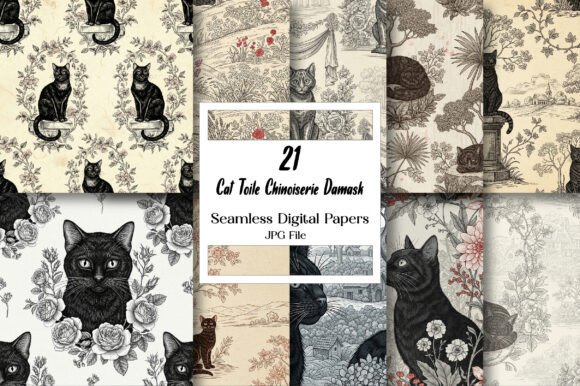 Elegant Feline Charm: Cat Toile Chinoiserie Damask Digital Paper