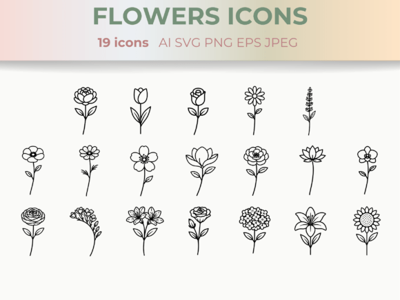Elegant Floral Line Icons: Tulip, Rose, Daisy & Lily for Designers