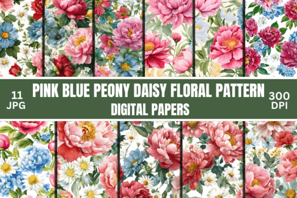 Pink Blue Peony Daisy Floral Pattern: A Designer's Digital Resource