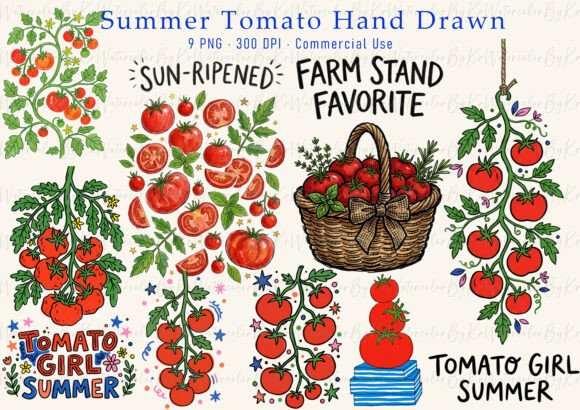 Summer Tomato Vine Clipart Bundle: Vibrant Watercolor Design Assets